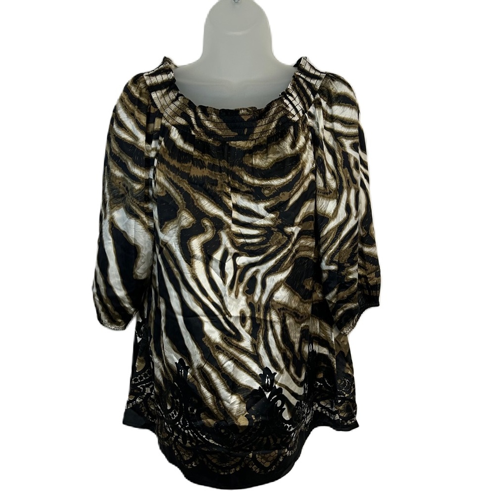 Cache Tunic Top Blouse Size M Silk Animal Print Smocked 3/4 Sleeve Flowy Mobwife